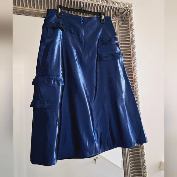 BURBERRY Silk Metallic Blend Midi Skirt Women's Blue IT 44 US 10 Org $890
